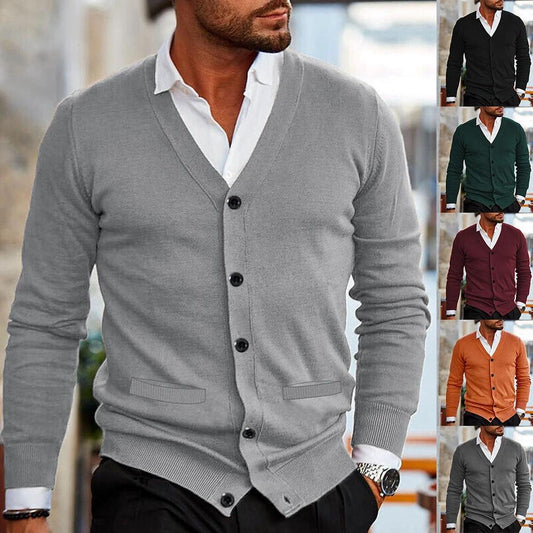 Men's Double-sided Pocket Knitwear V-neck Long Sleeve Slim Cardigan Sweater by GJG Denim