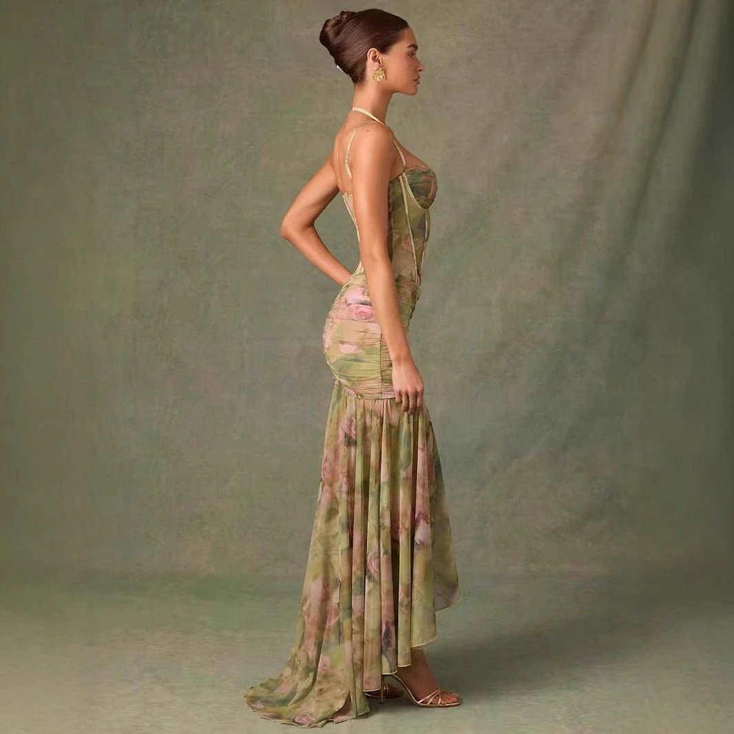 Sling Pleated Print Fishbone Waist Split Sheath Fishtail Fairy Dress by GJG Denim