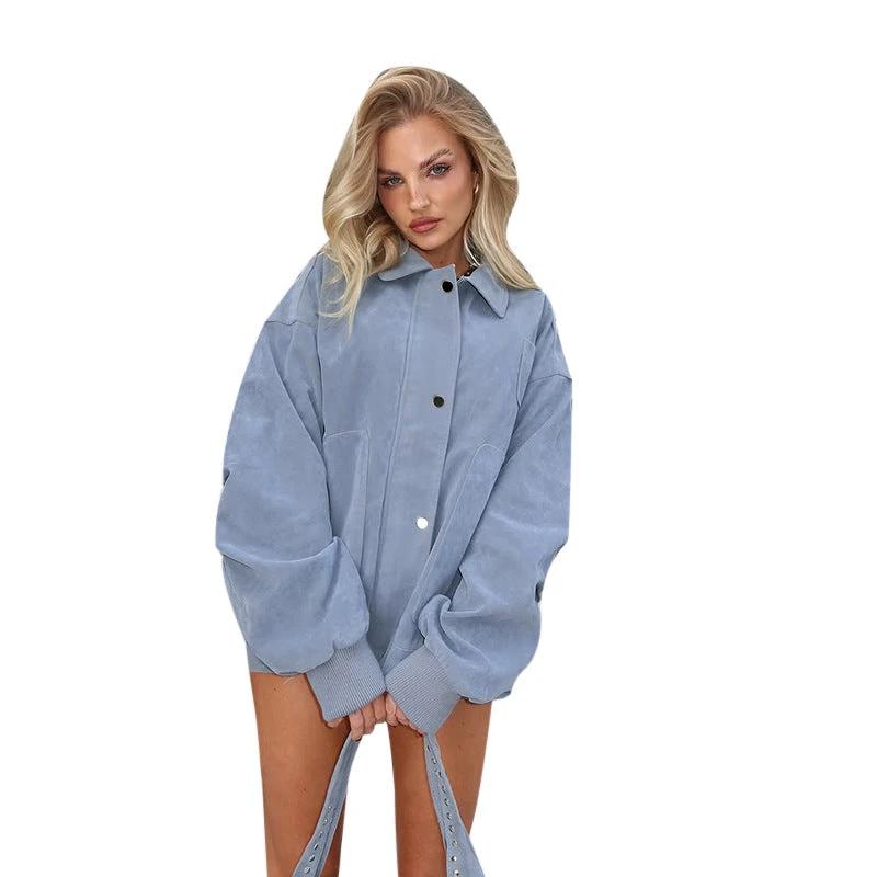 Casual Solid Color Loose Long Sleeves Autumn And Winter Polo Collar Jacket by GJG Denim