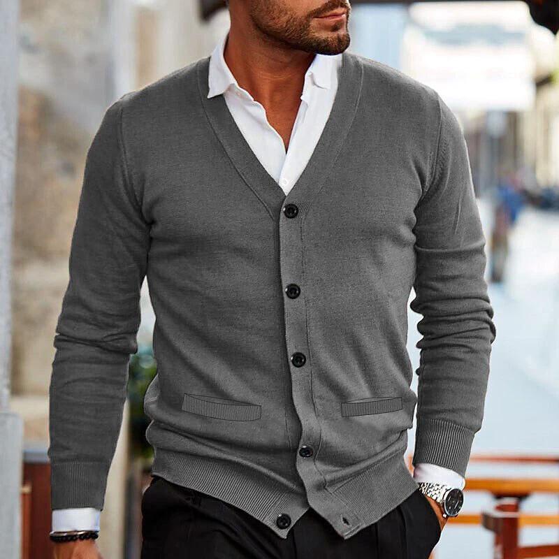 Men's Double-sided Pocket Knitwear V-neck Long Sleeve Slim Cardigan Sweater by GJG Denim