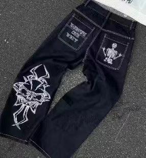 Embroidered Skull Cotton Casual Pants Men's Straight-leg Pants by GJG Denim