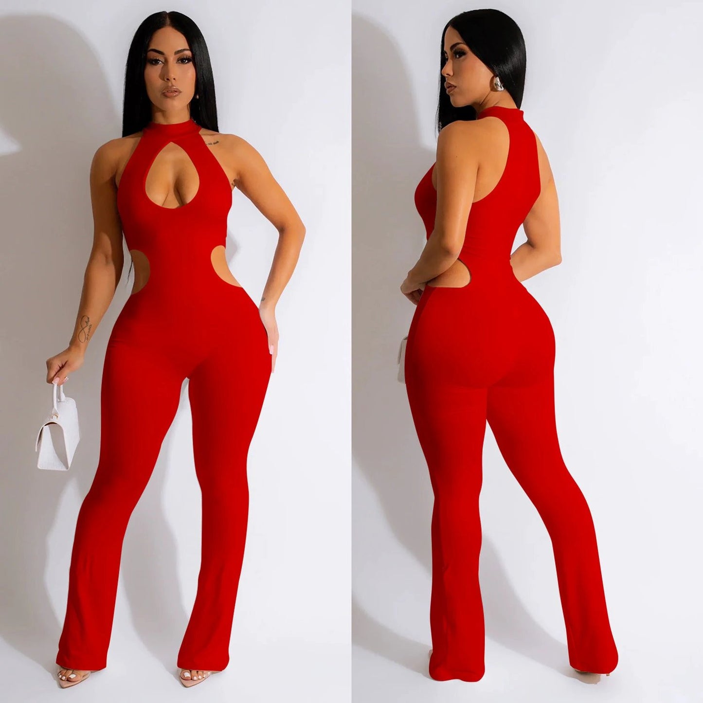 Women's Solid Color Sexy Halter Hollow-out Jumpsuit by GJG Denim