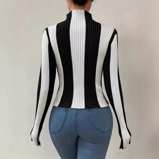Women's Spring And Autumn Classic Black And White Contrast Color Vertical Pattern Sweater by GJG Denim