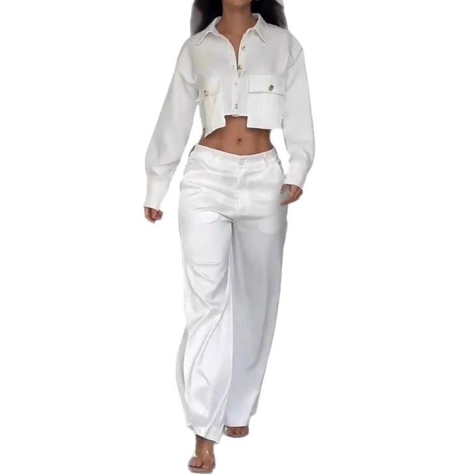 Midriff Outfit Long Sleeve Top Wide Leg Trousers by GJG Denim