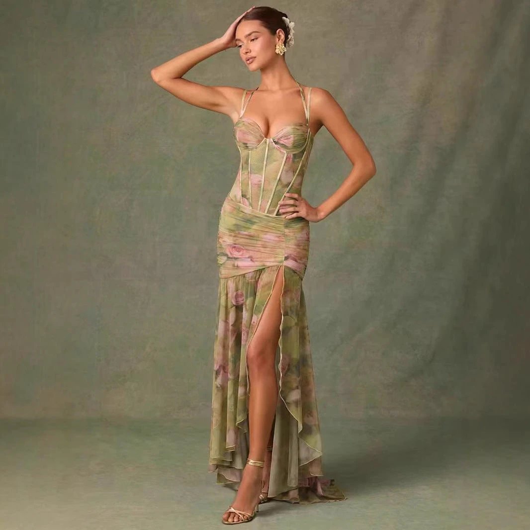 Sling Pleated Print Fishbone Waist Split Sheath Fishtail Fairy Dress by GJG Denim