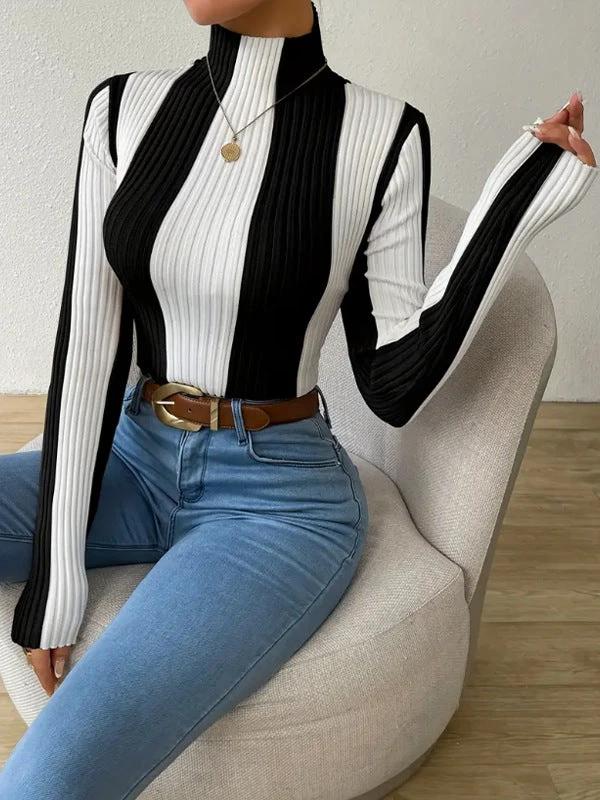 Women's Spring And Autumn Classic Black And White Contrast Color Vertical Pattern Sweater by GJG Denim