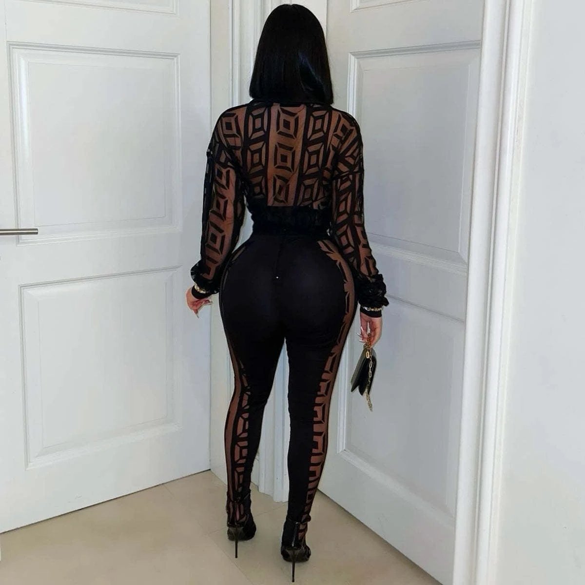 Printed Mesh See-through Shirt Pants Suit by GJG Denim