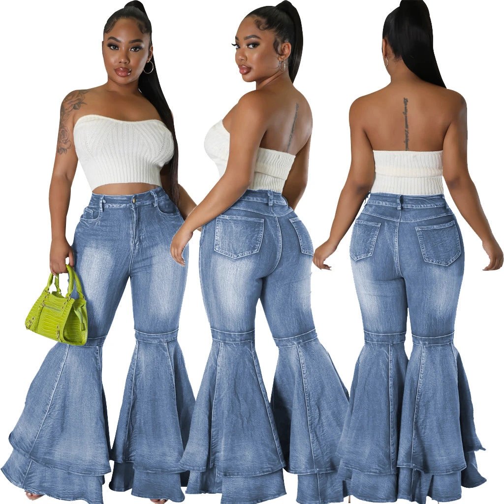 Wide Leg Denim Stretch Flared Pants by GJG Denim