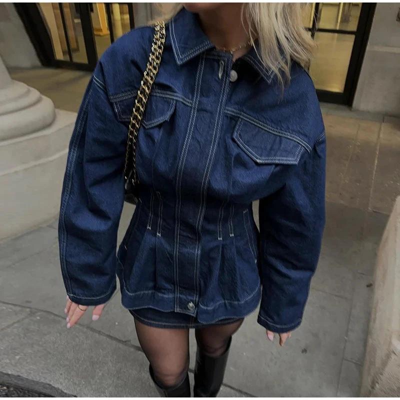 Women's Retro Washed Lapel And Waist Tight Denim Coat by GJG Denim