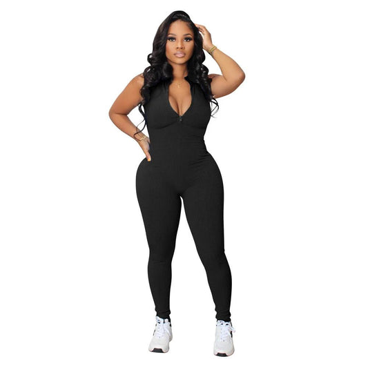 Women's Solid Color Stretch Small Sunken Stripe Zipper Jumpsuit by GJG Denim