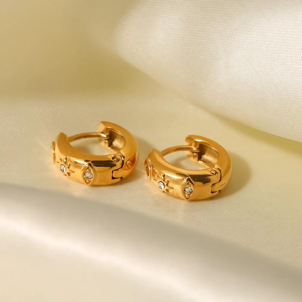 18K Gold-plated Stainless Steel XINGX Devil's Eye Cubic Oxidation Inlaid White Diamond Hoop Earrings by GJG Denim