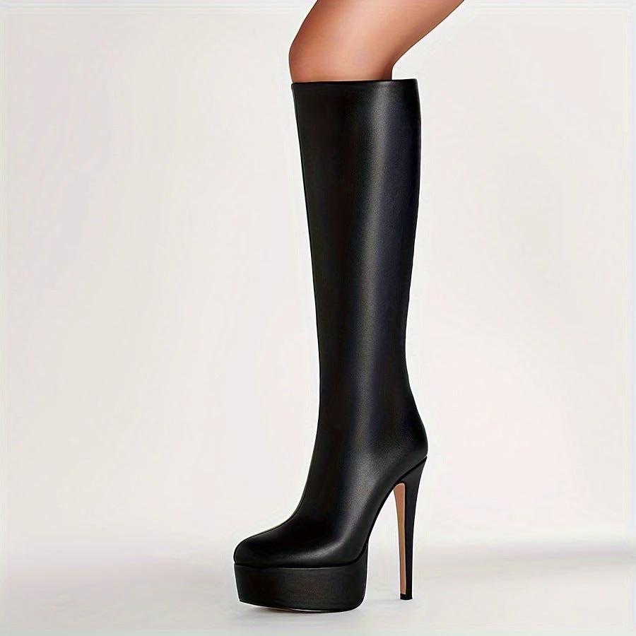 Solid Color High Tube Stiletto Heel Thick Bottom Boots by GJG Denim