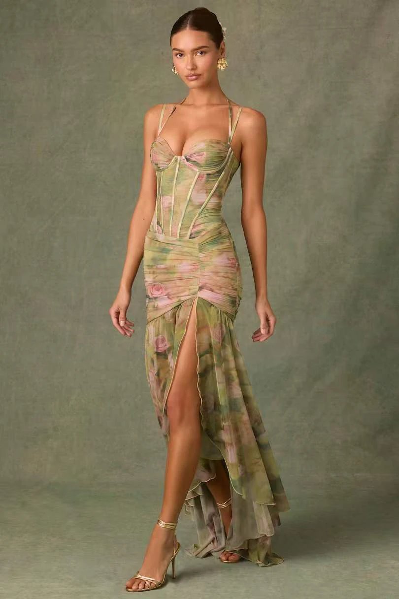 Sling Pleated Print Fishbone Waist Split Sheath Fishtail Fairy Dress by GJG Denim