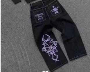 Embroidered Skull Cotton Casual Pants Men's Straight-leg Pants by GJG Denim