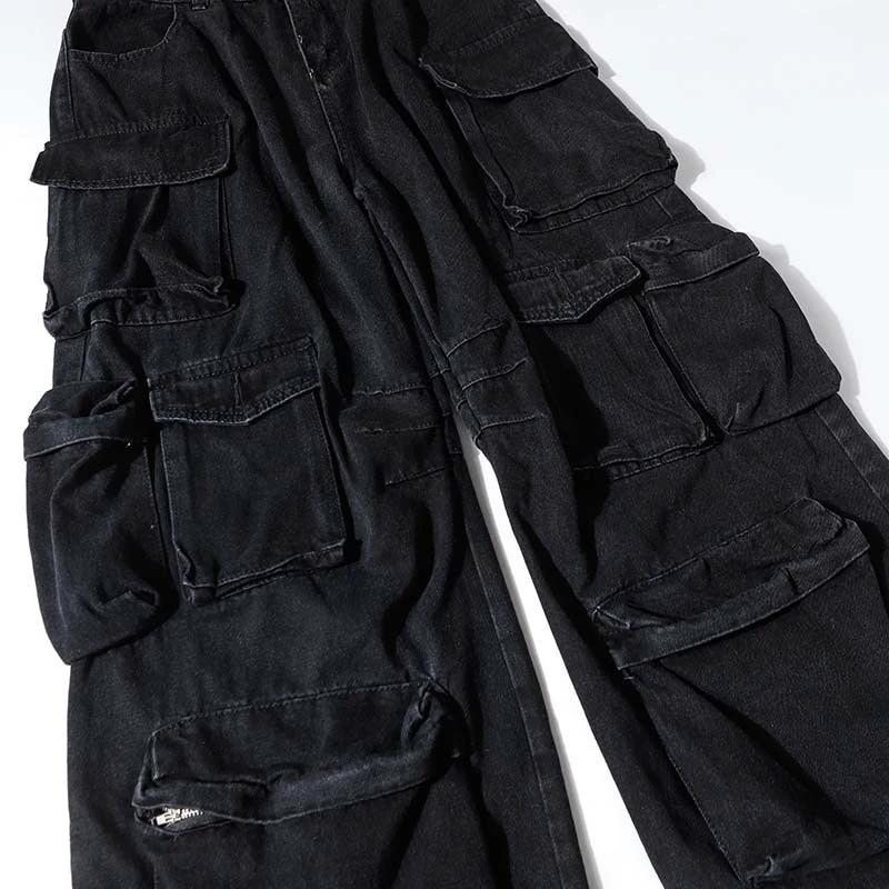 High Street Multi-pocket Heavy Industry Washed Old Cargo Jeans by GJG Denim