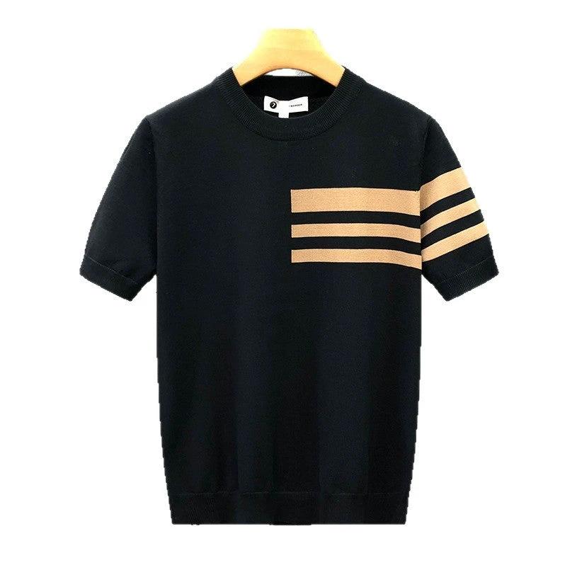 Trendy All-match Round Neck Knitted Short Sleeve Contrast Color Thin T-shirt by GJG Denim