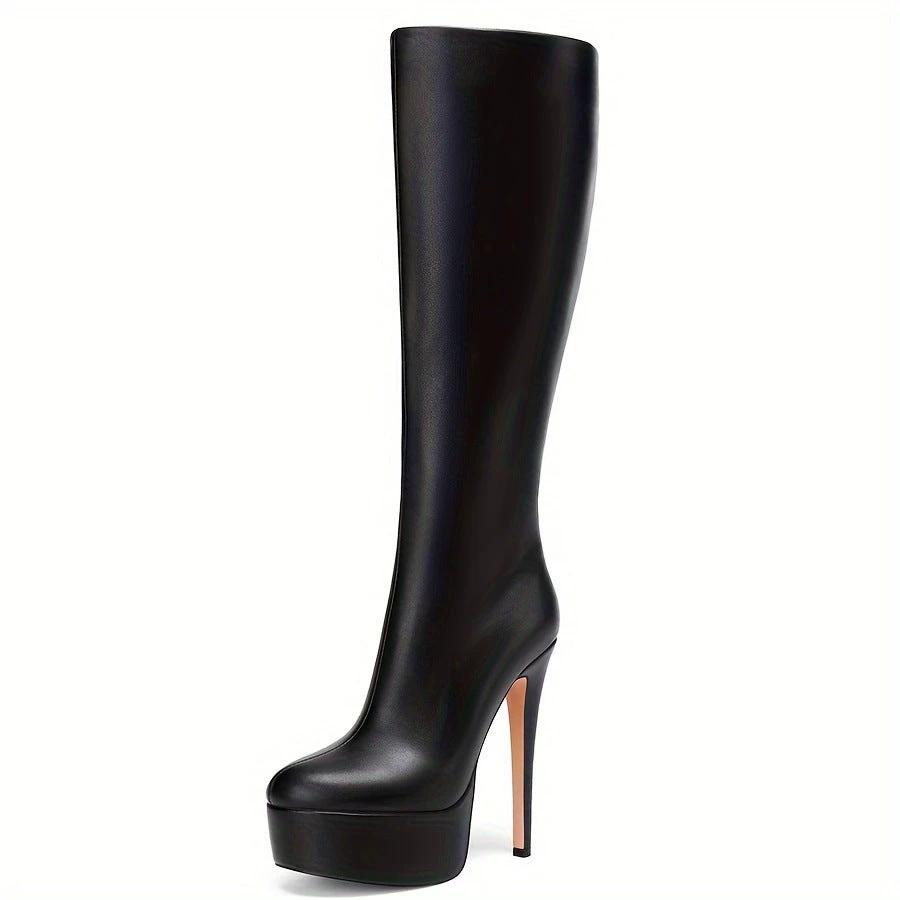 Solid Color High Tube Stiletto Heel Thick Bottom Boots by GJG Denim