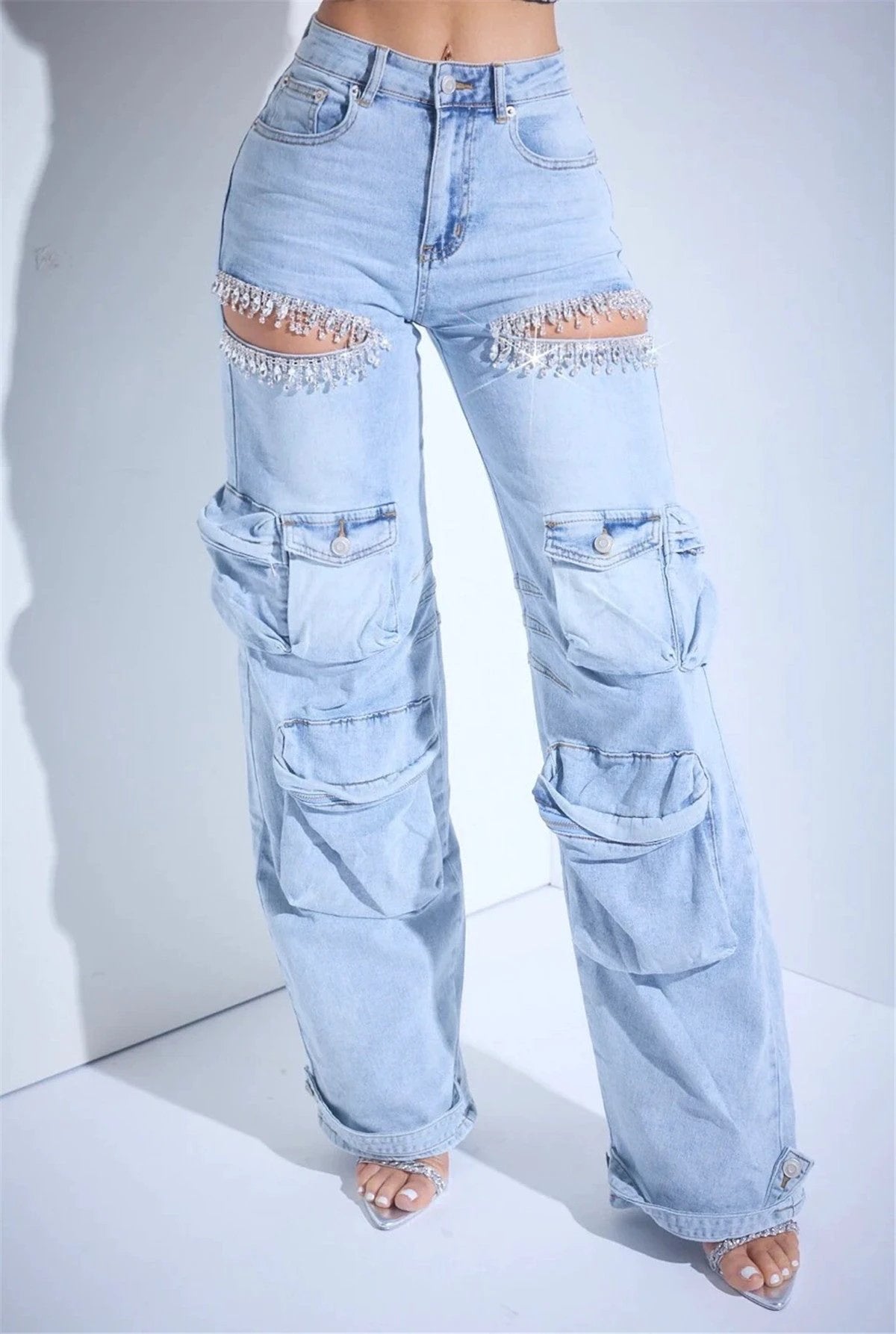 Thigh Hollow-out Rhinestone Decorations Cargo Multi-pocket Stretch Jeans by GJG Denim