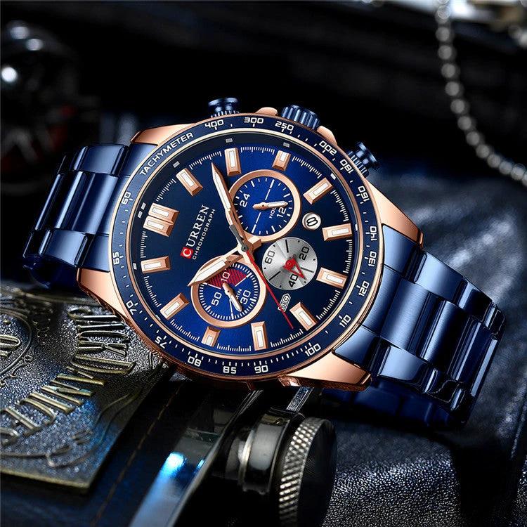 Men's Waterproof Calendar Steel Band Quartz Watch by GJG Denim