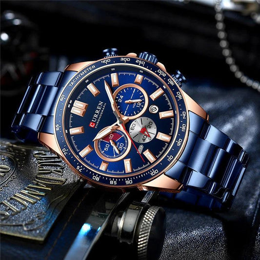 Men's Waterproof Calendar Steel Band Quartz Watch by GJG Denim