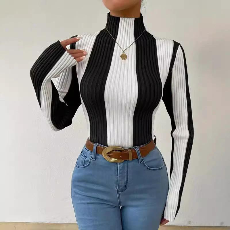 Women's Spring And Autumn Classic Black And White Contrast Color Vertical Pattern Sweater by GJG Denim