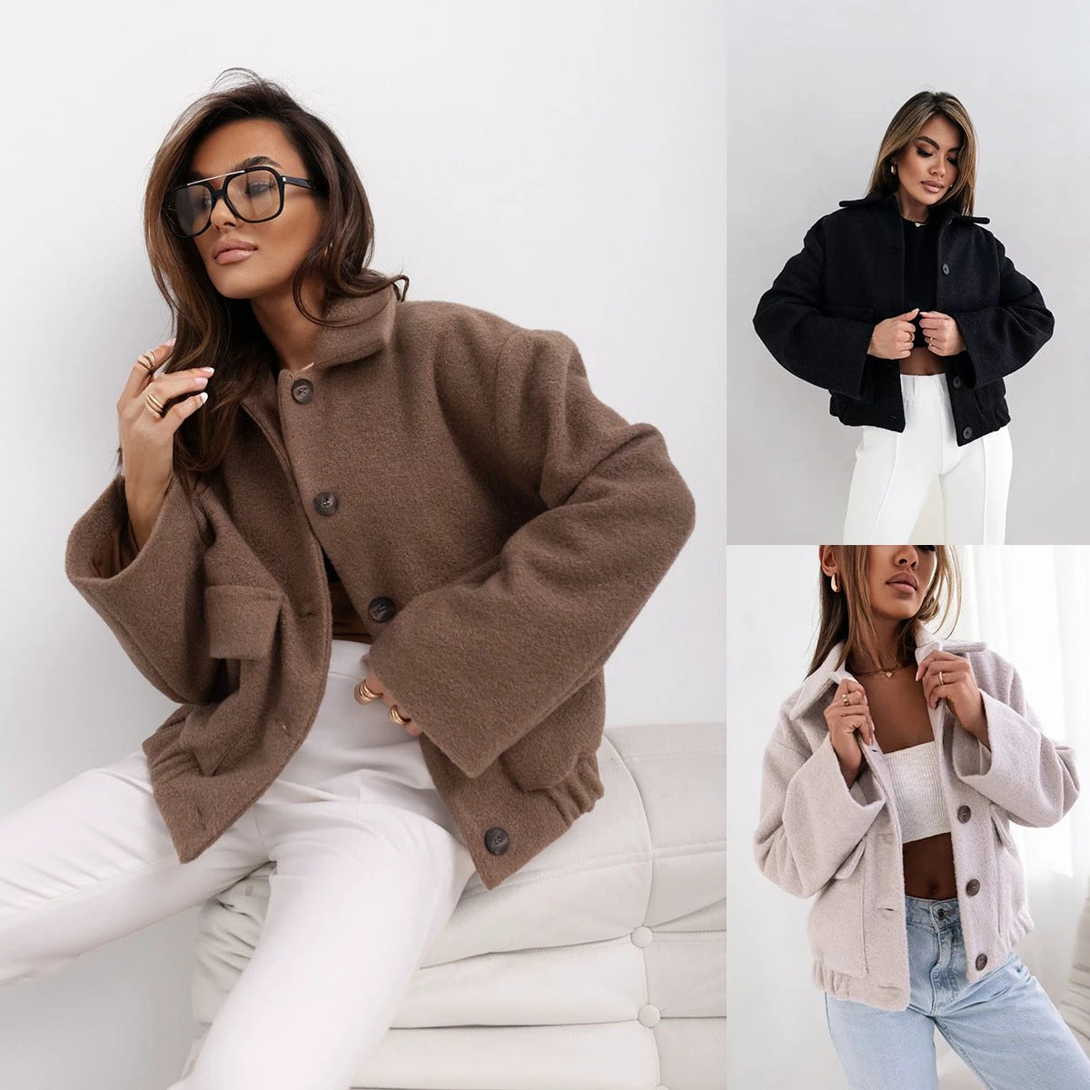 Women's Solid Color Casual Button Woolen Jacket by GJG Denim