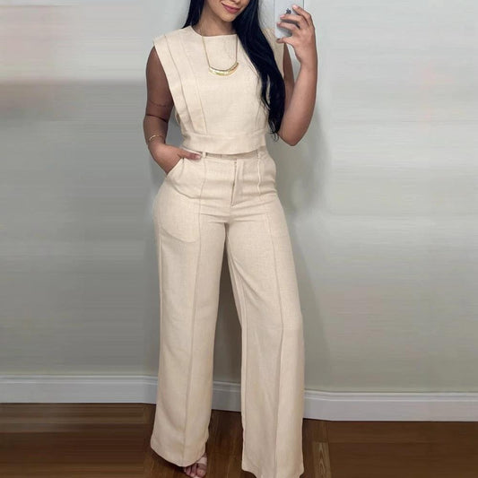 Summer Sleeveless Suit Fashion Round Neck Vest Top And Pocket Straight Pants Casual Trousers Set For Women Clothing by GJG Denim