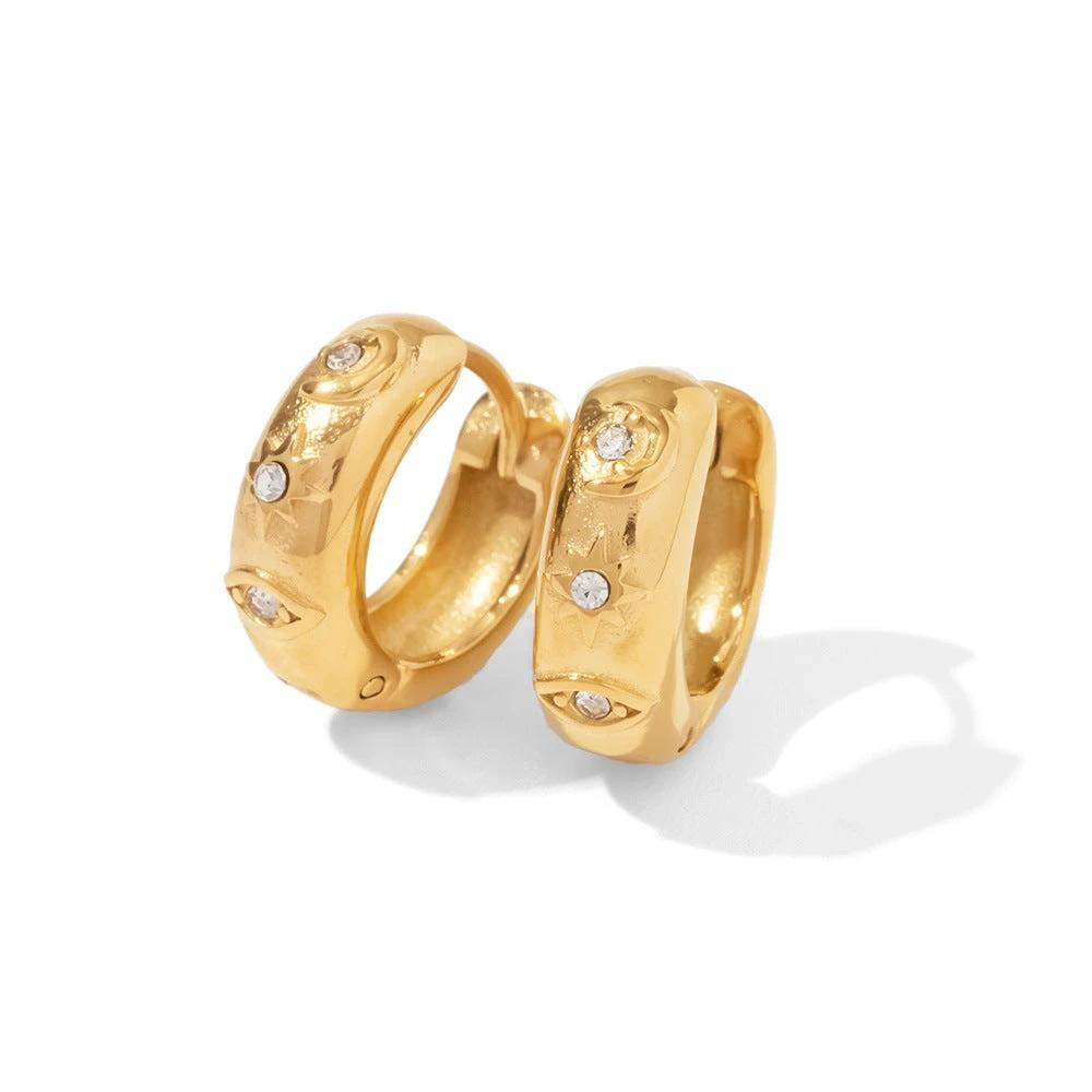 18K Gold-plated Stainless Steel XINGX Devil's Eye Cubic Oxidation Inlaid White Diamond Hoop Earrings by GJG Denim