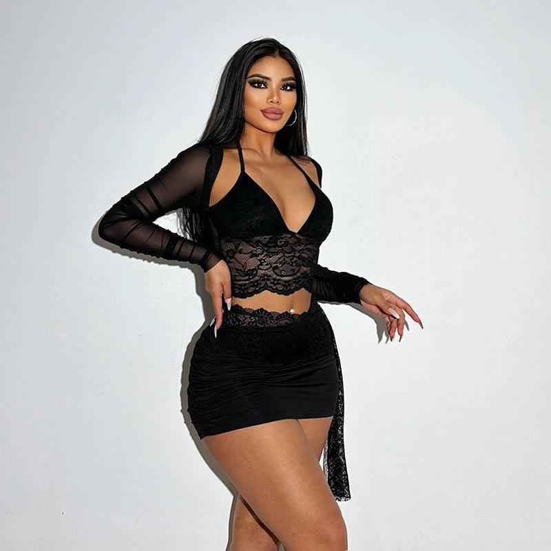 V-neck Lace Mesh Long Sleeve Cover and Cami Skirt Set by GJG Denim