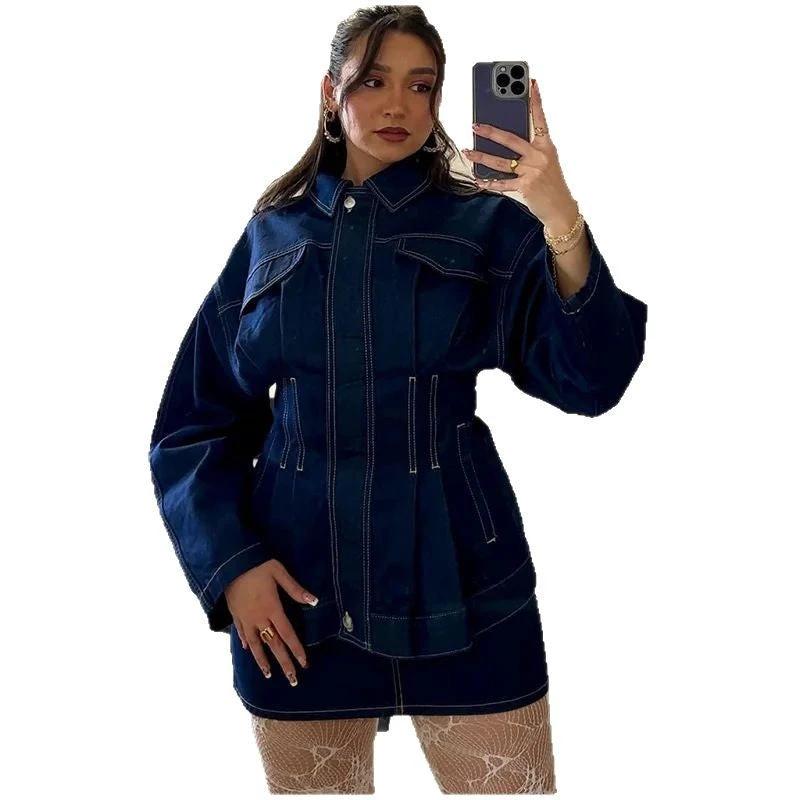 Women's Retro Washed Lapel And Waist Tight Denim Coat by GJG Denim