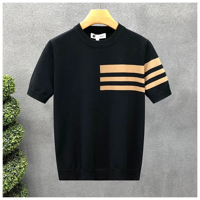 Trendy All-match Round Neck Knitted Short Sleeve Contrast Color Thin T-shirt by GJG Denim