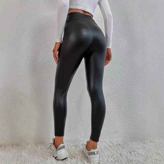 Slim Fit Hip Raise Leather Pants Thin Velvet Outdoor Casual Leggings by GJG Denim