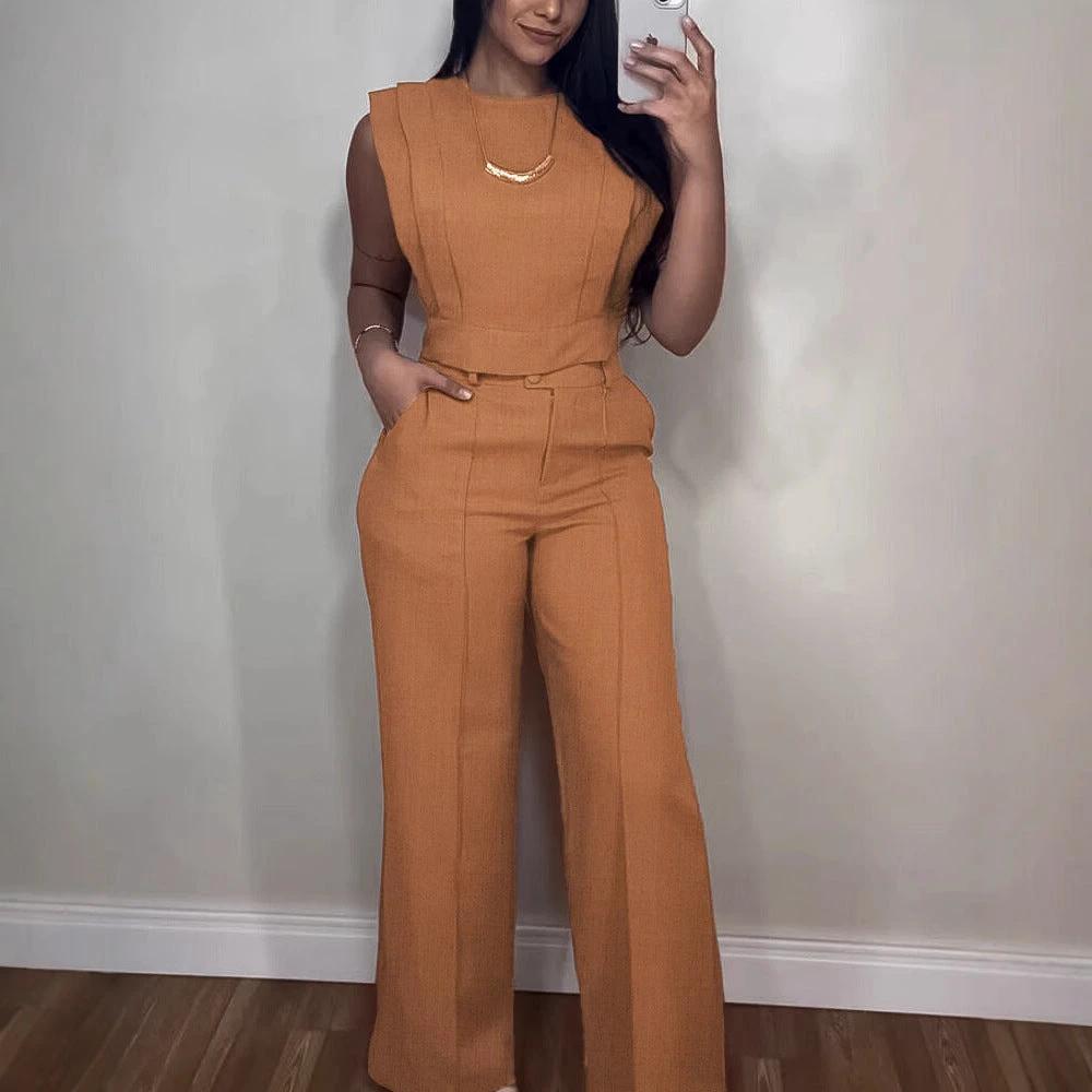 Summer Sleeveless Suit Fashion Round Neck Vest Top And Pocket Straight Pants Casual Trousers Set For Women Clothing by GJG Denim