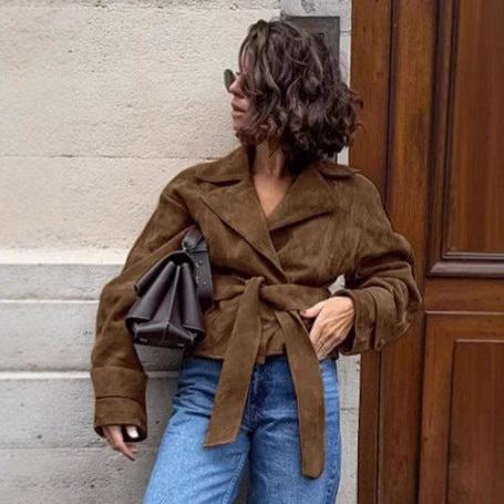 Suede Stomach Blanket Lace-up Coat Women's Vintage Coat by GJG Denim