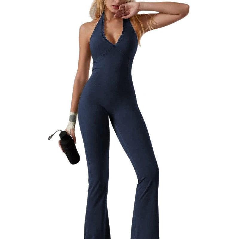 Lace Neckline Yoga Clothes Trousers Running Sports Neck-hanging Jumpsuit by GJG Denim