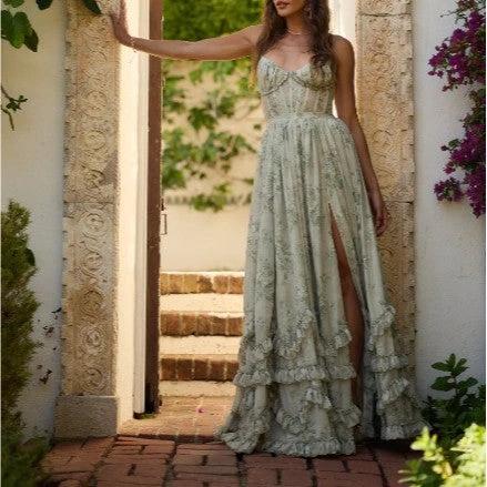 French Halter ruffle Dress Front Split by GJG Denim