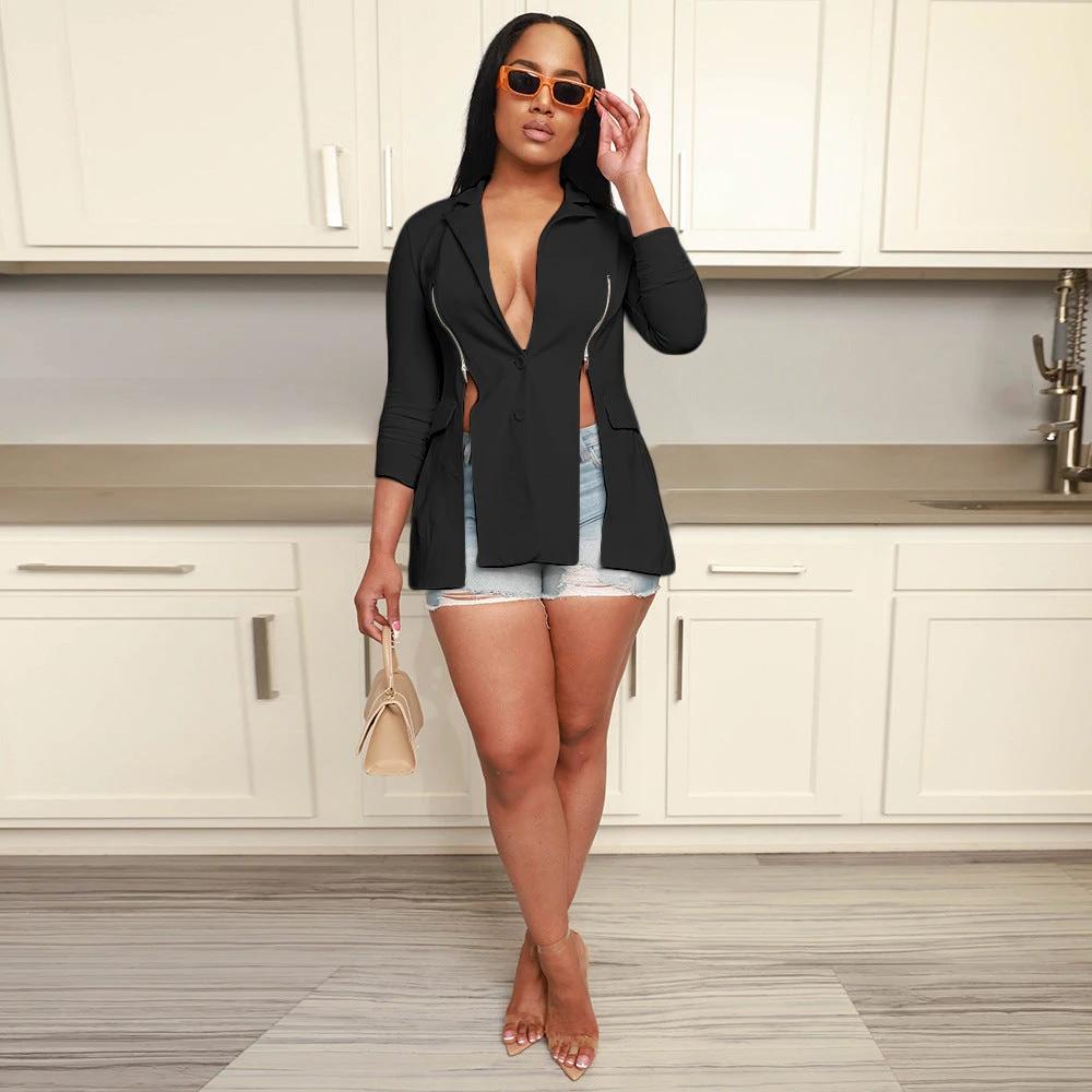 Fashionable With Side-slit Long-sleeve Zipper Lapel Suit by GJG Denim