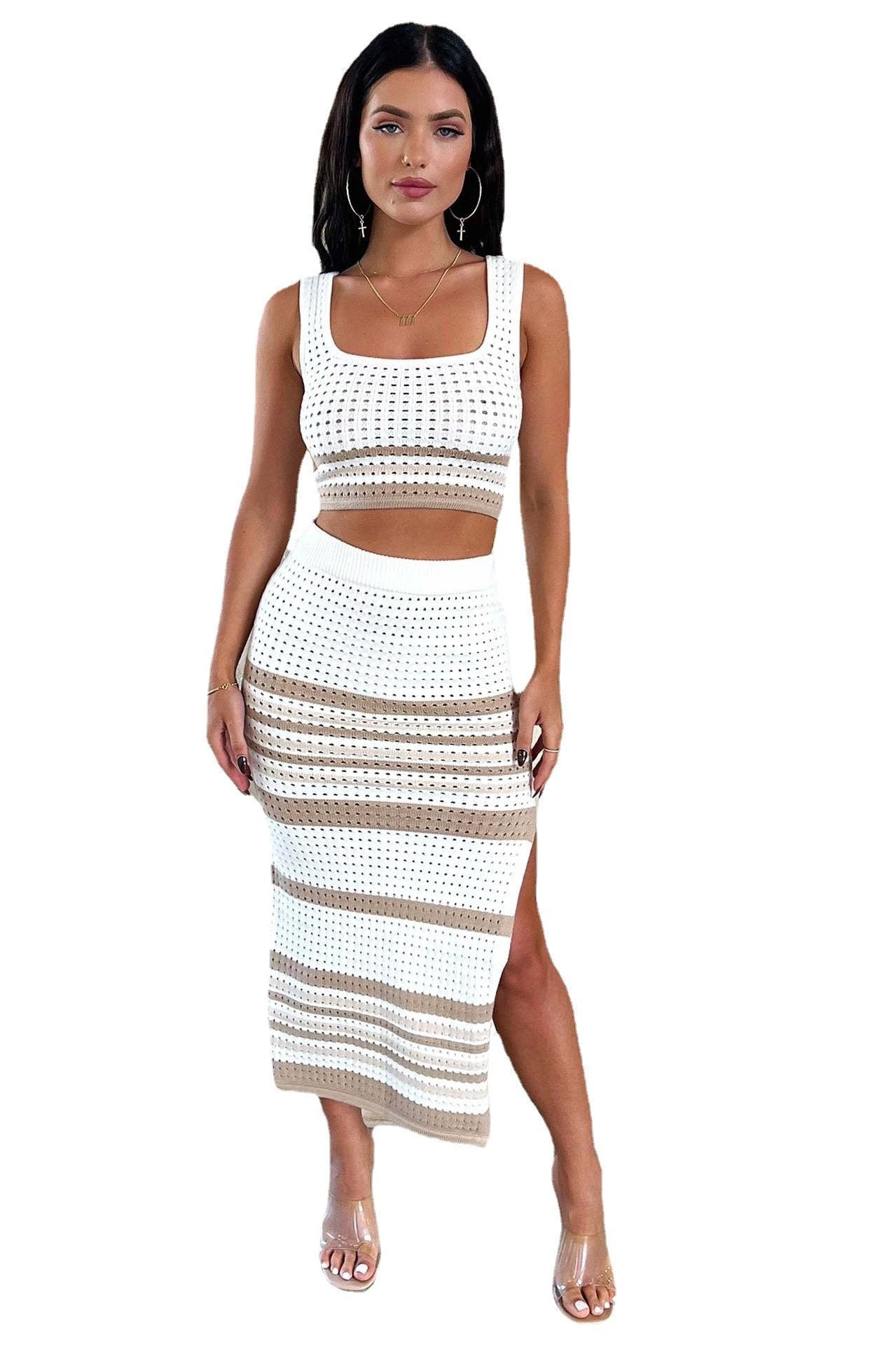 Summer New Sleeveless Vest Sexy Slit Striped Skirt Knitting Suit by GJG Denim