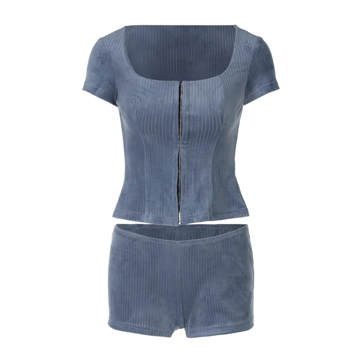 Ribbed Slim-fit Mid-sleeve Solid Color Top Shorts Ladies Two-piece Set by GJG Denim
