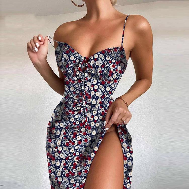 European And American Amazon New Women's Fashion Printed Self-tie Slit Sling Dress by GJG Denim