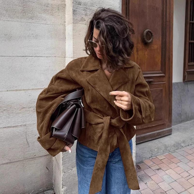 Suede Stomach Blanket Lace-up Coat Women's Vintage Coat by GJG Denim