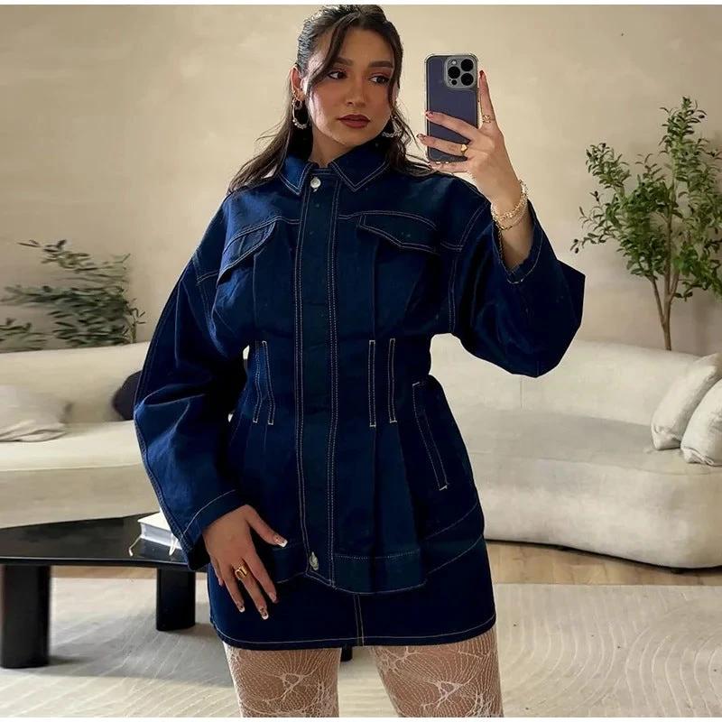 Women's Retro Washed Lapel And Waist Tight Denim Coat by GJG Denim
