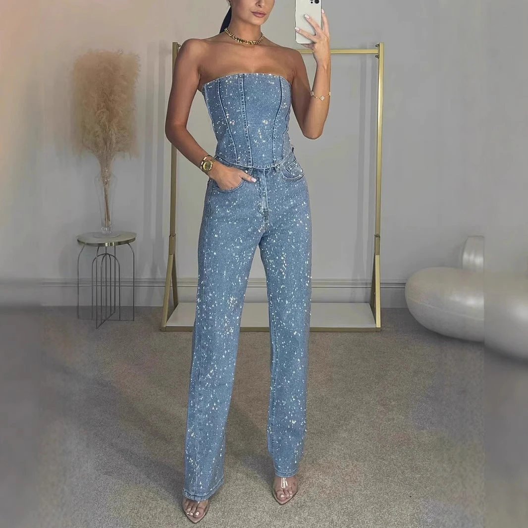 Sexy Off-the-shoulder Shiny Vest Diamond Trousers Suit by Vain
