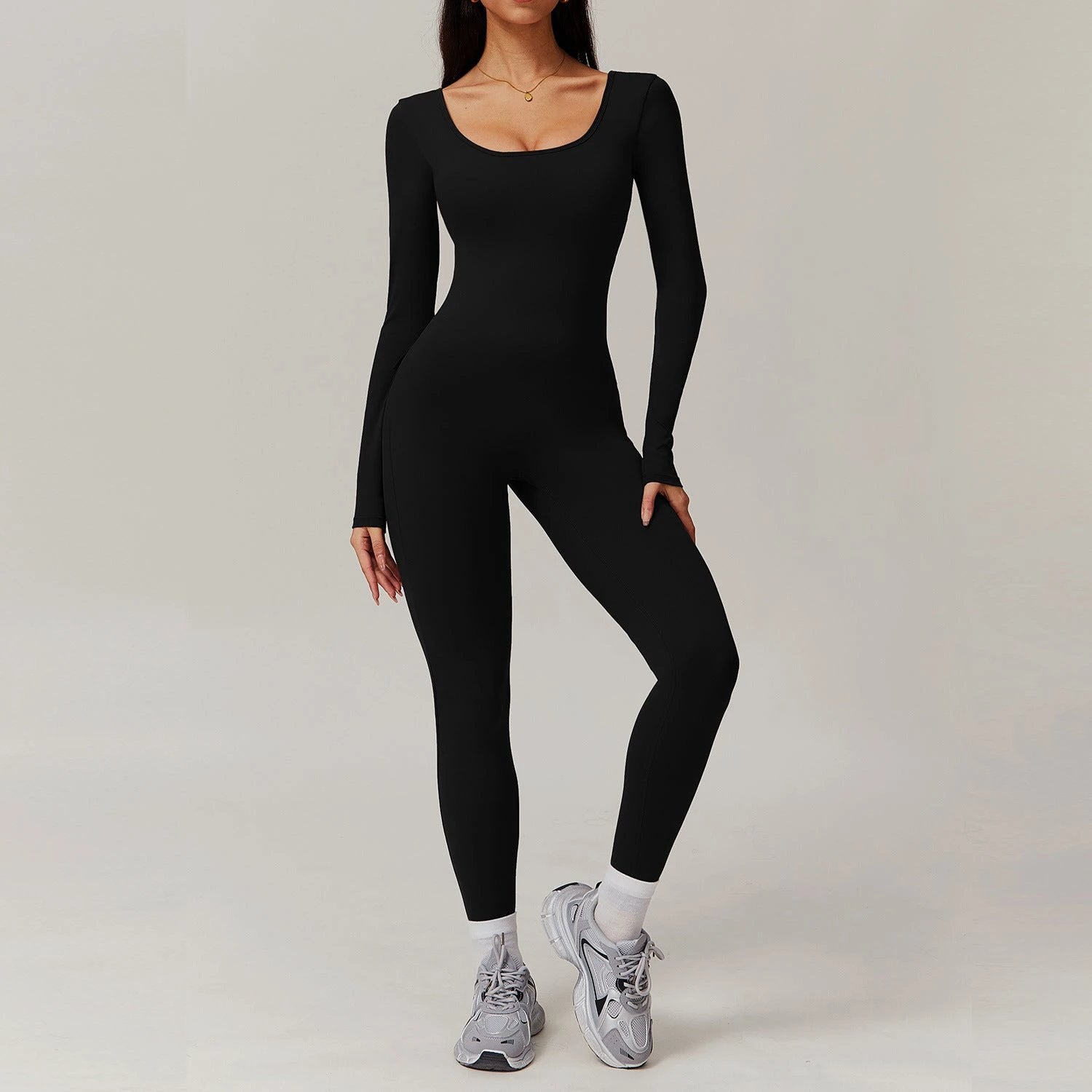 Long Sleeve Yoga Jumpsuit Back Pockets Scrunch bottom Backless by GJG Denim