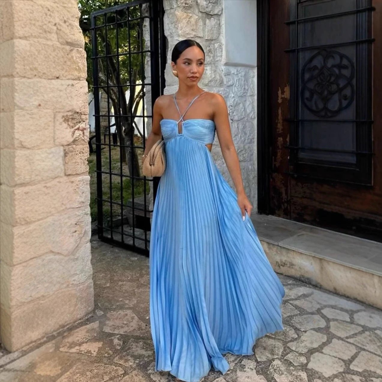 Pure Color Tube-top Pleated Sleeveless Sling Dress by GJG Denim