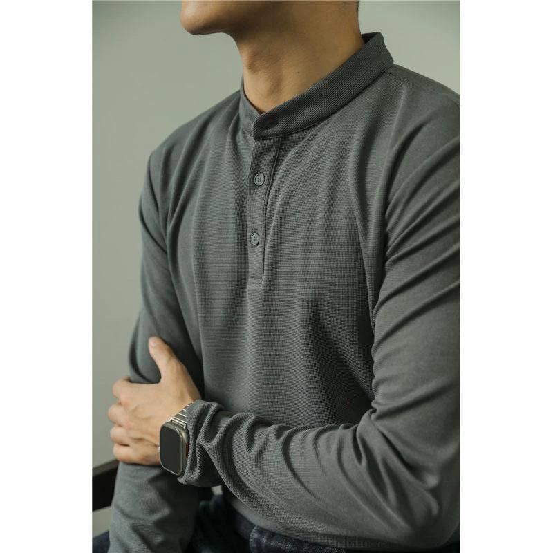 Men's Long Sleeve Polo Simple Solid Color Shirt by GJG Denim