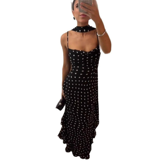 Sleeveless Polka Dot Scarf Ruffled Spaghetti Straps Dress set by GJG Denim