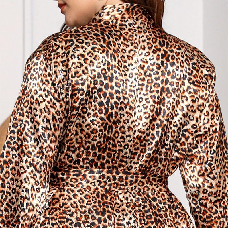 Plus Size Russian American Emulation Silk Nightgown Long-Sleeved Home Wear Women Leopard Print Wearable by Lady Ros