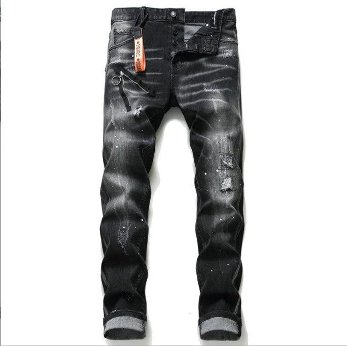 Men's Black And Gray Paint Hole Zipper Decorations Jeans by GJG Denim