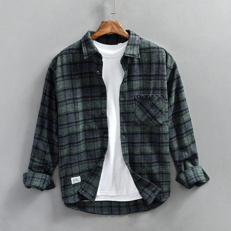 Men's Retro Plaid Long Sleeve Casual Shirt by GJG Denim